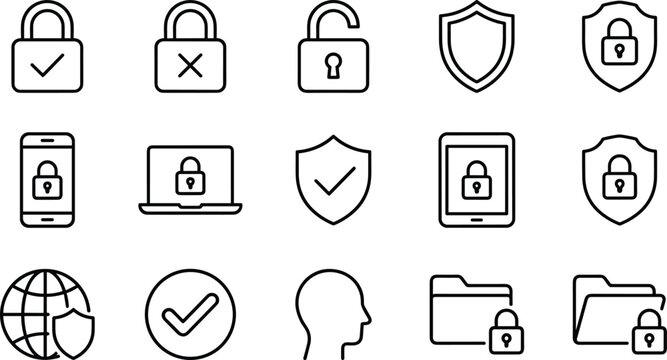 Cybersecurity data privacy line icon set featuring secure padlocks shields digital network device protection safety web vector design
