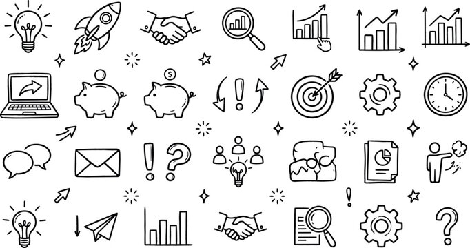 Business and finance doodle icon vector illustration set with handshake rocket lightbulb charts piggy bank laptop target gear and startup line art elements