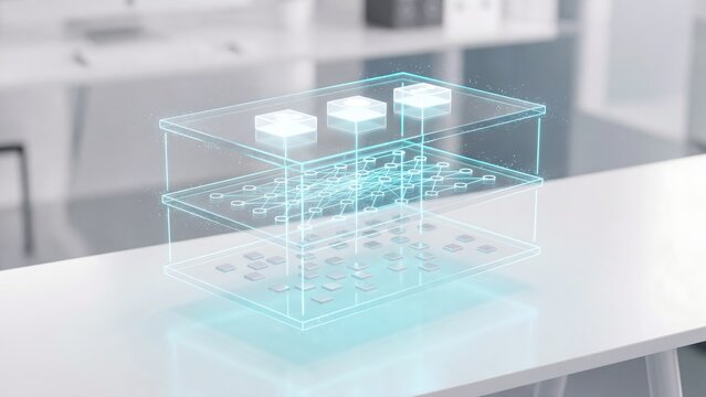 Transparent AI System Architecture with Neural Network Processing Layer and Output Models on Lab Desk for Technology Concept