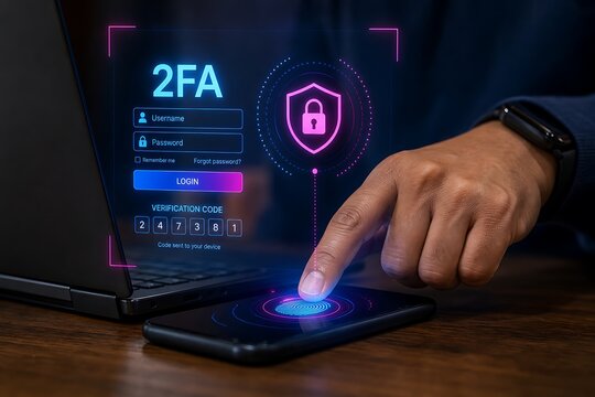 Person uses a smartphone for fingerprint scanning to log into a secure 2fa system displayed on a laptop screen.