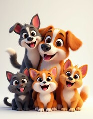 Fototapeta premium Cute cartoon dog and cats sit together. Playful pets smile and have big eyes. Adorable animals pose for picture. Group of happy furry friends.
