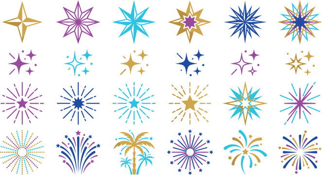 Colorful celebration star burst and firework vector illustration set featuring bright sparkles, festive pyrotechnics, exploding light flashes, and party icons for holiday design.