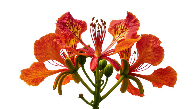 Orange and red flamboyant flowers with green buds