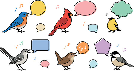 Cute singing birds vector set featuring cardinal bluebird goldfinch chickadee with colorful speech bubbles music notes and dialogue chat clouds © MdMehedi