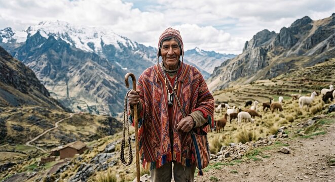 Senior Andean Shepherd in Colorful Poncho Guarding His Herd in High Mountains of Peru