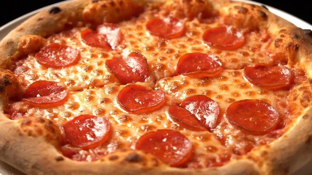 Freshly Baked Pizza Close-Up, Crispy Crust, Melted Cheese, Savory Pepperoni Slices