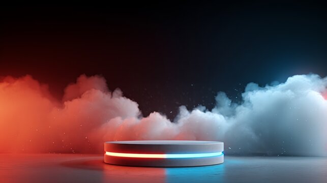 A circular podium surrounded by colored smoke and dramatic lighting effects.