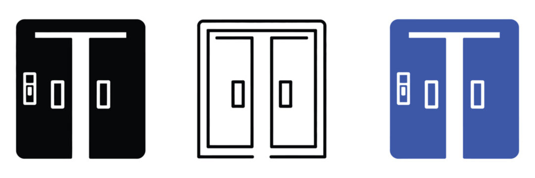 Three colorful double door icons with handles on white background for architecture design and building entry concepts vector illustration