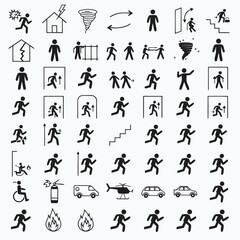 Fototapeta premium Sixty-four black silhouette icons illustrating emergency situations and evacuation procedures are displayed in a grid on a grey background.