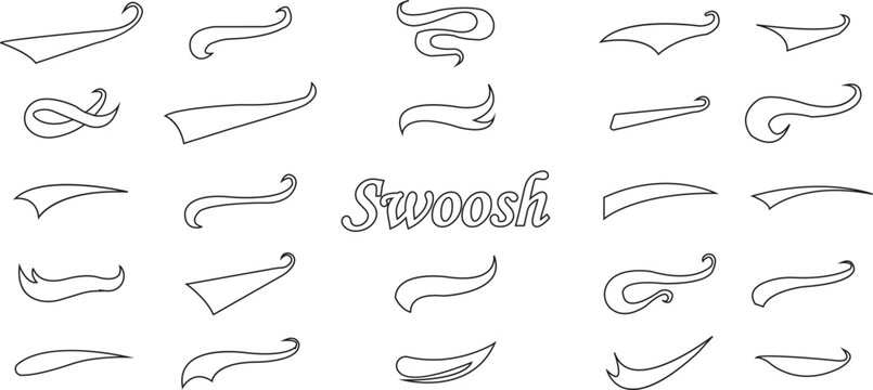 Swoosh Icons Vector Set, Collection and Group, Speed Motion Swirl Curves, Dynamic Wave Tail Shapes, Minimal Line Style, Monochrome Silhouette Graphic Bundle for Logo, Sport and Abstract Design