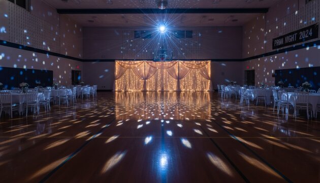 Empty decorated high school gymnasium set up for prom night with a disco ball shining light spots on the wooden floor, perfect for a romantic slow dancing event concept