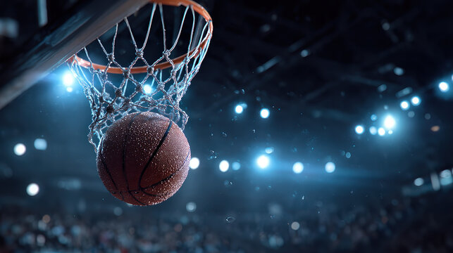 Slam Dunk Moment: A basketball makes its decisive plunge through the net in a dramatic, low-angle shot, capturing the thrilling climax of a game under bright stadium lights.