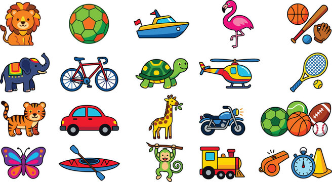 Cute cartoon animals, transport vehicles and sports equipment sticker vector icons collection.