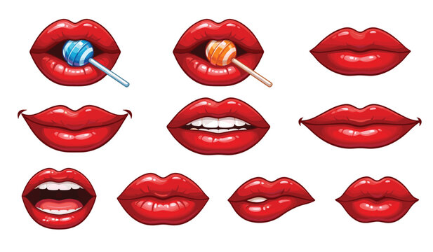 Red glossy lips and woman mouth expression vector cartoon icon set. Sexy female lipstick makeup elements including teeth smile, bite lip, open kiss shape and eating sweet lollipop candy.
