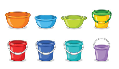 Plastic bucket and basin bowl vector cartoon icon set. Colorful empty household pails and washing tubs with metal handles for cleaning or laundry chores. © Creative Studio 
