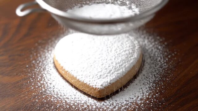Heart-shaped cookie dusted with powdered sugar, slow motion baking preparation