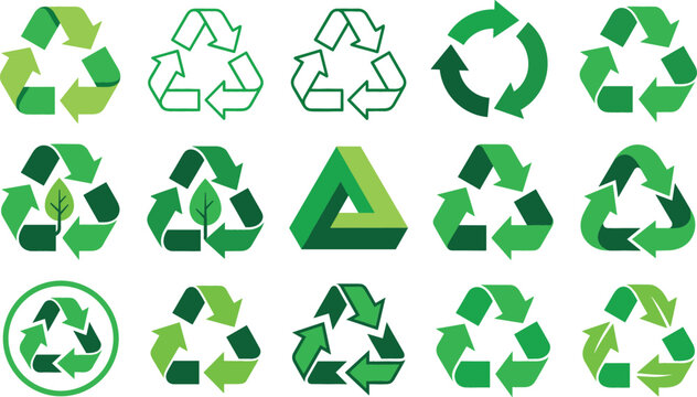 Green recycle icon vector set featuring eco friendly loop arrows, sustainability symbols, waste reduction signs, and environmental nature badges isolated on white background.