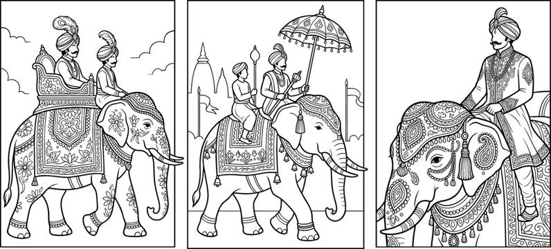 Indian royal elephant procession vector illustration set featuring black and white line art of maharaja king riding decorated tuskers with umbrellas