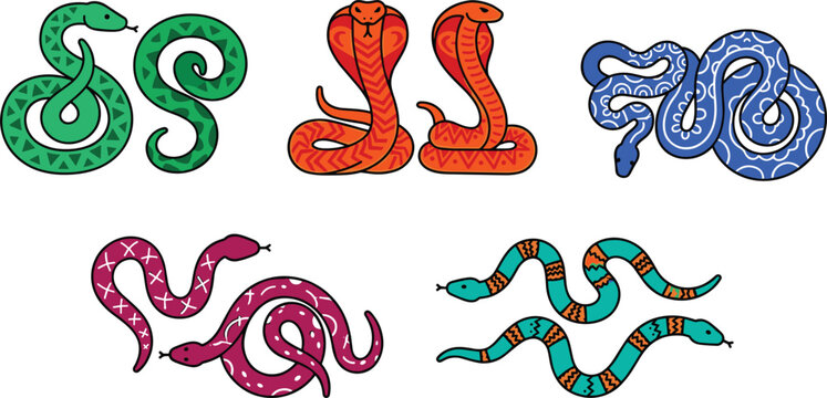 Colorful stylized cartoon snakes vector asset set isolated on white background.
