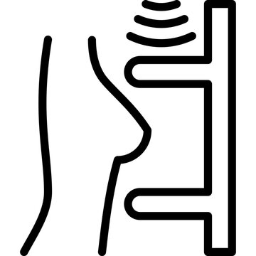 Mammography thin line icon: female breast in scanner. Laboratory research. Modern vector illustration.