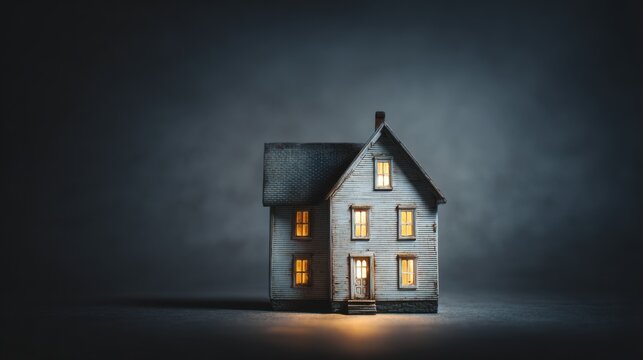 A model house illuminated from within, casting a warm glow against a dark, moody background. The house appears classic, with a pitched roof and visible windows