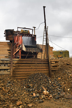 Wash plant. Leontievsky stream goldfield, placer. Iyusskaya artel. Siberia. Republic of Khakassia. Russia