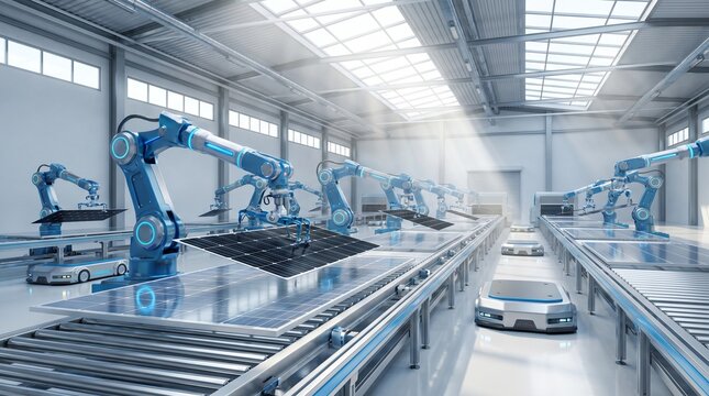 Blue robotic arms working on assembly line in factory