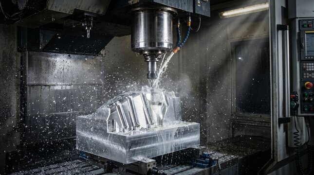 Cnc milling machine cutting clear plastic block