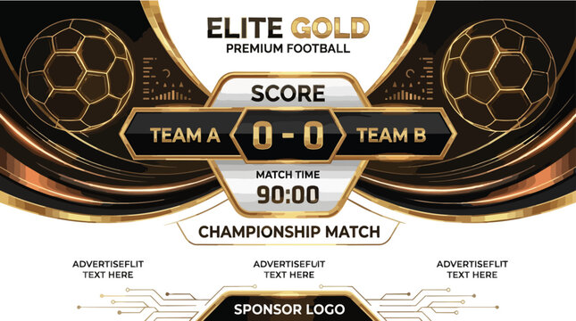 Digital template for a soccer championship match scoreboard with gold and black design elements on a white background.