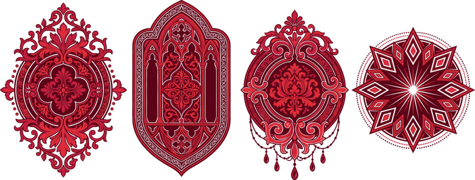 Luxury red ornate vintage baroque frames and medallions vector illustration set with intricate gothic filigree ornamental design elements for invitations and labels