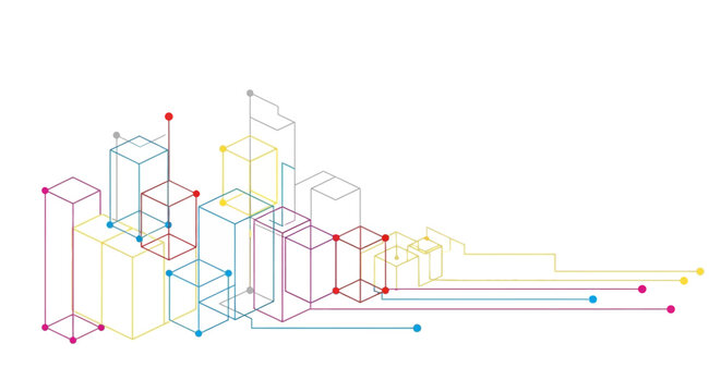 Abstract geometric city skyline vector, colorful wireframe isometric cubes and lines, modern digital data architecture background