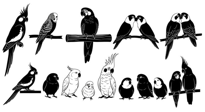 Tropical parrot silhouette collection, exotic bird vector set with cockatiels and macaws, black and white avian illustrations for nature design