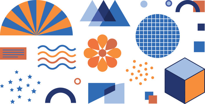 Modern abstract geometric shape vector illustration set featuring orange and blue brutalist stickers grid patterns stars and minimalist graphic design elements