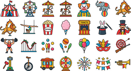 Circus and carnival colored line icon set isolated on white background. © EdGe Creative