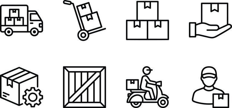 Logistics and Delivery Service Icon Set with Shipping Truck Scooter Courier Wooden Crate Cardboard Box Line Art Vector