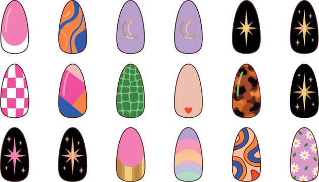 Nail art design vector set featuring false press on nails with celestial stars, french tips, checkerboard, floral, and colorful abstract patterns isolated on white.
