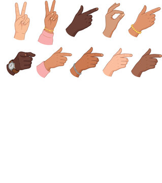 Diverse Multiethnic Human Hands Showing Various Gestures and Signs Including Pointing Peace and Okay Isolated on White Background Vector Art Illustration