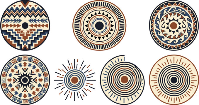 Native American tribal vector set featuring circular aztec patterns ethnic geometric mandalas southwestern shields sunburst motifs and spiral design elements