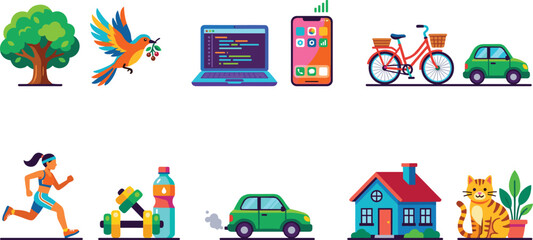 Naklejka premium Set of flat line colorful everyday lifestyle activities and hobby icons isolated on white background.