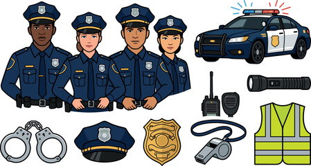 Police officer characters and law enforcement equipment vector illustration set featuring diverse police team patrol car handcuffs badge and radio icons © MdMehedi
