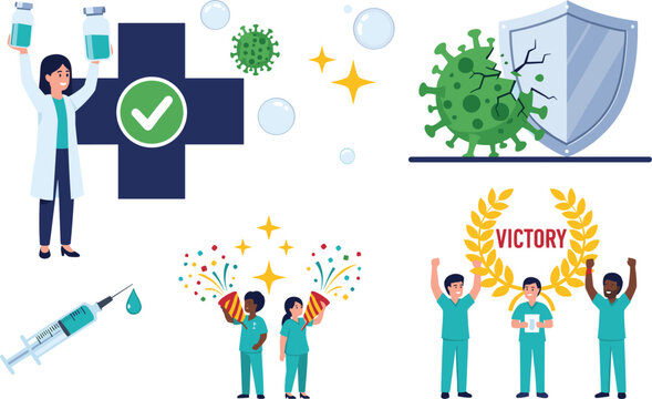 Medical victory over virus vector set featuring doctor holding vaccine vials protective shield crushing coronavirus and celebrating nurses with party poppers.