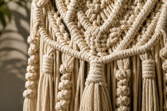 A close-up of a textured, cream-colored macrame wall hanging or textile art piece.