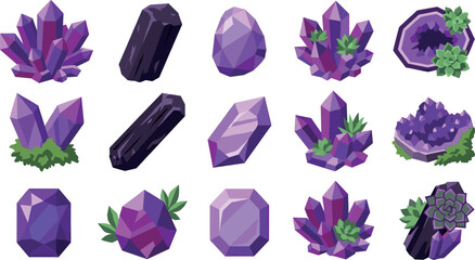 Purple amethyst crystal vector set with magic gems geodes minerals and green succulent plants for witchy aesthetic design © MdMehedi