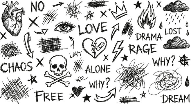 hand drawn emotional chaos doodle collection with mental health symbols stress anxiety loneliness anger confusion thoughts and psychology concepts