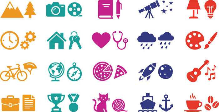Large set of colorful flat design miscellaneous objects paired concepts icons isolated on white background.