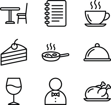 Restaurant cafe food dining line icon set featuring menu coffee cake waiter cloche chicken wine web vector design