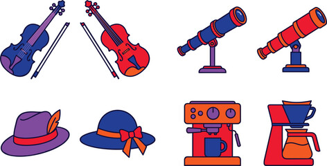Set of flat line colorful miscellaneous objects including violins telescopes hats and coffee makers. © EdGe Creative