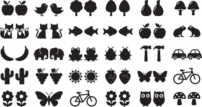 Mega black silhouette vector icon set with paired cartoon animals fruits and miscellaneous objects.
