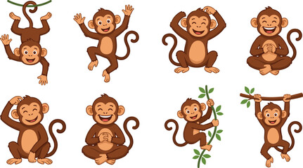 Cute cartoon monkey characters collection set with different poses isolated on white background. © EdGe Creative