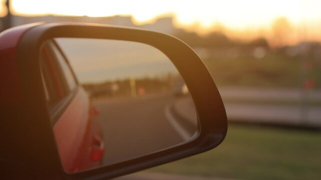 The sun is reflected in the mirror, evening road. View in the side rear view mirror of a red car driving along the highway